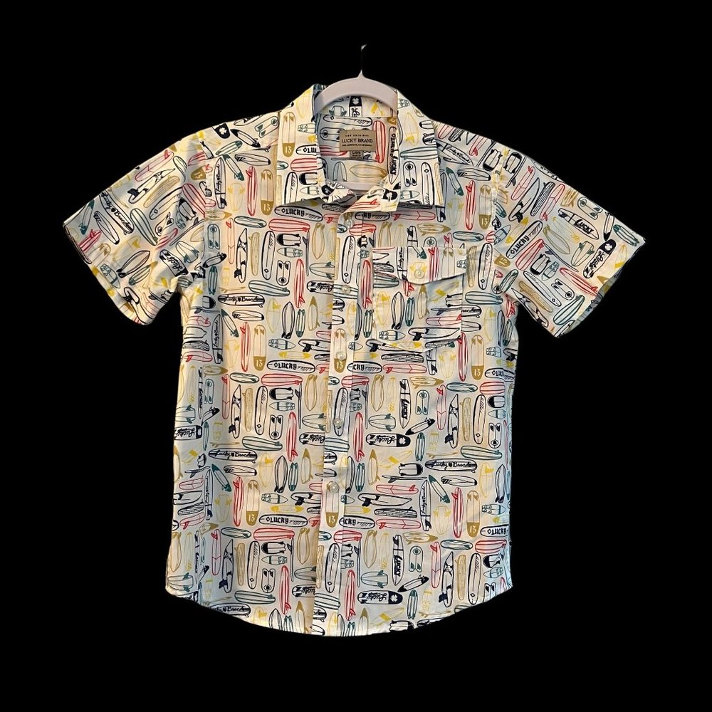 Boys Lucky Brand Surfboard Skateboard Short Sleeve Size Large Button Up … - Picture 2 of 9